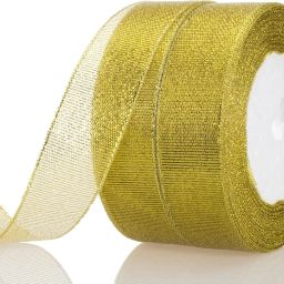 Gold Glitter Ribbon 25 Meters Each Roll Sparkly Metallic Fabric Ribbons Gold Satin Ribbon-image-8