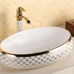 Luxury European Style Table Top Ceramic Glossy Oval Shape Wash Basin Suitable For Living Room, Toilet, Bathrooms, Dinning Area (Size - 60W*15H*40D*) Table Top Basin-image-12
