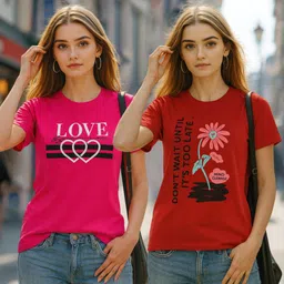 fabflee Pack of 2 Women Solid Round Neck Cotton Blend Multicolor T-Shirt-picture-39