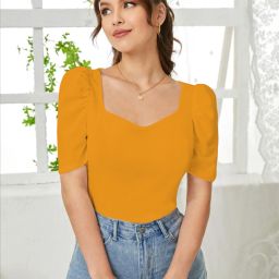 Casual Puff Sleeves Solid Women Yellow Top-image-59