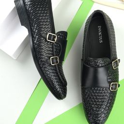 INVICTUS Men Black Textured Formal Monk Shoes-image-31