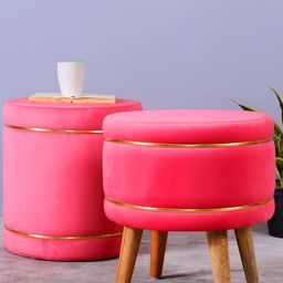 Shadowkart Peach Colored 2 Pieces Velvet & Wooden Round Ottomans-image-17