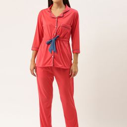 Bannos Swagger Women Pink & Blue Shirt Night suit-image-73
