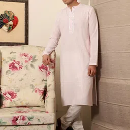 Spring Soul Pink Cotton Embroidered Mandarin Collar Straight Kurta-image-85