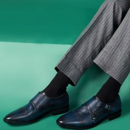 Saint G Men Navy Blue Solid Leather Formal Monk Shoes-image-17