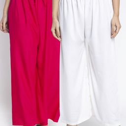 Jinfo Women Set of 2 Pink & White Flared Knitted Ethnic Palazzos-18