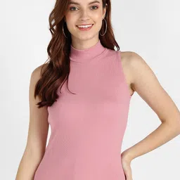 Rock Paper Scissors Women Pink Turtle Neck Ribbed Pure Cotton Top-image-40