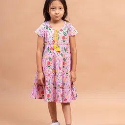 Sangria Girls Pink Floral Printed Tiered Pure Cotton A-line Midi Dress-image-83