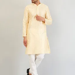 Armaan Ethnic Men Cream-Coloured Embellished Dupion Silk Kurta with Pyjamas-picture-6