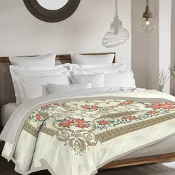 MYTRIDENT Cream Microfiber Floral Print Double Bed Blanket-14
