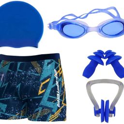 Swimming Kit For Men With Swimming Costume Men Boys Cap Goggles Ear Nose Clip Printed Men Trunk Blue Swimsuit-image-55