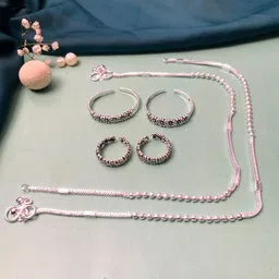 ABDESIGNS Set Of 6 Silver Plated Bedded Anklet & Adjustable Toe Rings image 2