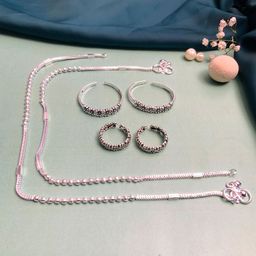 ABDESIGNS Set Of 6 Silver Plated Bedded Anklet & Adjustable Toe Rings image 5