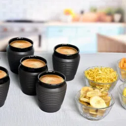 Re-useable 6 Pcs 200ml Black Ceramic Kullhad | 4 Pcs 150ml Glass Bowl| Cup, Bowl Serving Set-13
