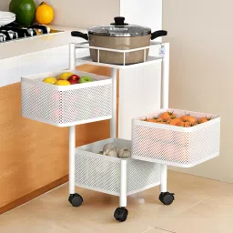 3-Tier Revolving Multipurpose Storage Rack with Wheels | White Iron Fruit & Vegetable Basket-image-15