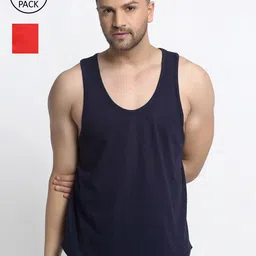 Friskers Men Pack Of 2 Navy Blue & Red Solid Pure Cotton Gym Vests-picture-6