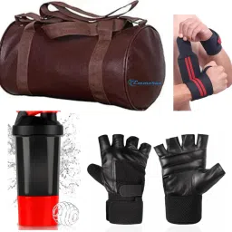 brown gym bag with spider bottle with wrist support & gym gloves Home Gym Kit Fitness Accessory Kit Kit-picture-10