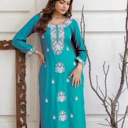 Women Embroidered Cotton Blend Straight Kurta-image-54