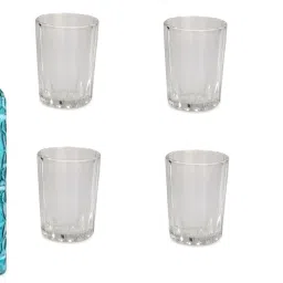 Bottle & 6 Glass Serving Lemon Set, Blue, Clear, Glass - A141 Jug Bottle Glass Set-image-86