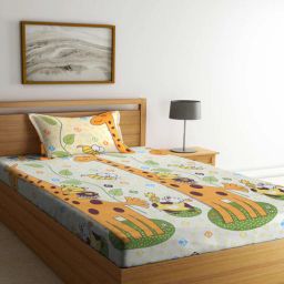 arrabi Multicolor Cartoon Printed 300 TC Cotton Blend Single Bedsheet with 1 Pillow Cover-picture-45