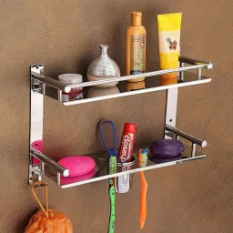 Multi use Rack Stainless Steel Bathroom Shelf/Kitchen Shelf with Wall Storage Organizer with Double Soap Dish and Tumbler Holder Soap Holder Toothbrush Holder (Pack of 1, Silver) (2 Shelf) 16 inch 2 Bar Towel Rod-18
