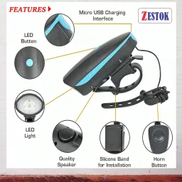 zestok Bicycle Combo Of Cycle Front Light with Horn Tail Light and Tyre Valve Light LED Front Rear Light Combo image 3