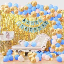 Happy Birthday Blue banner, 30 pcs Ballon, 2 Shiny Curtain(Black white Gold 45)-image-123