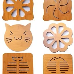 6 PCS Wooden Trivets Cartoon Creative Heat Insulation Table Mat for Kitchen (Random Pattern) Trivet-image-74