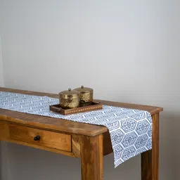 TARAN LIVING White & Blue Geometric Printed Pure Cotton Table Runner-36