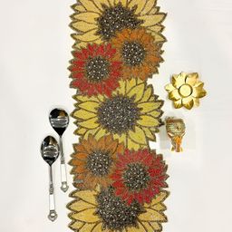 YWULY Yellow & Red Floral Embellished Abstract Shaped Table Runner image 1