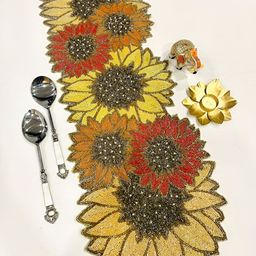 YWULY Yellow & Red Floral Embellished Abstract Shaped Table Runner image 3