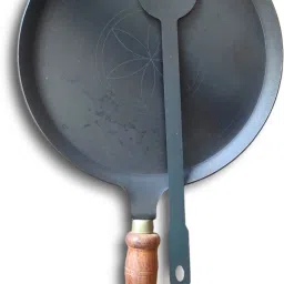 - PURE IRON MADE TAWA - FLAT - WITH WOODEN HANDLE AND TURNER Tawa 25.5 cm diameter-picture-15