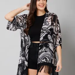 Women Fringed 3/4th Sleeve Black, White Shrug-image-39