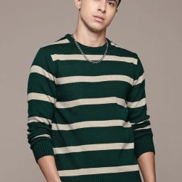 Men Striped Round Neck Green Sweater-image-84