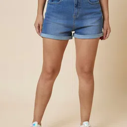 Globus Women Stretchable Washed Mid-Rise Denim Shorts-image-94
