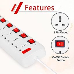 YUVEX EXT-107 Switch Universal Surge Protector with 7 Socket 7 Switch 6 AMP Extension Boards (White, Red, 3 m) image 4