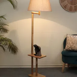 tu casa Contemporary Off White Handloom Fabric with acrylic sheet Shade Shelf Floor Lamp With Mango wood Base-picture-6