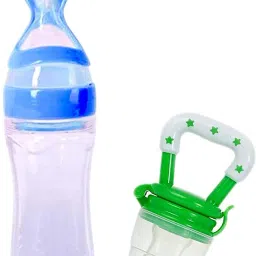 Baby Infant Squeezy Food Grade Silicone Bottle Feeder & Silicone Food Fruit Pacifier/Nibbler/Soother for Babies/Kids/Children (Squeezy Feeder 'Blue' + Pacifier 'Green'') (Pack of 2) Soother-28