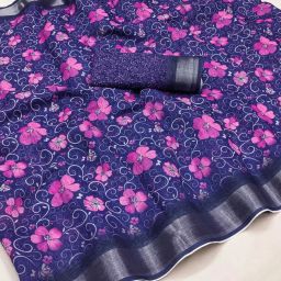 Printed Bollywood Cotton Linen, Cotton Silk Saree-image-4