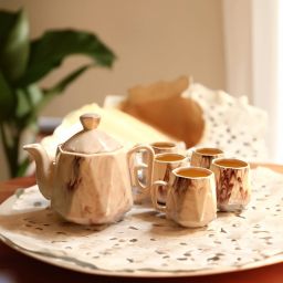 Pack of 6 Ceramic Water Marble Beige Tea Set with Kettle-image-58