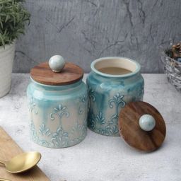 vareesha Sky Blue Shaded Embossed Ceramic Air Tight Jars/ Barnis with Wooden Lids - Set of Two-picture-36