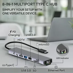 Multybyte Hub with 4K HDMI, 100 Mbps LAN, USB 3.0, Card Reader, Type-C Data, PD Charging 8 in 1 Type C to Multiport HUB, USB Hub, USB LAN Card image 2