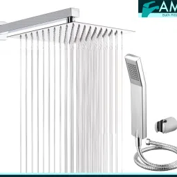AMJ COMBO of SS304 UltraSlim High Pressure Rainfall Shower Head With Shower Fit Arm HandShower (ABS),SS304 1.5mtr Tube And Hook 6X6+15Inch Arm+HandShower Set)-25