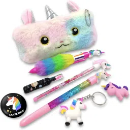Cute Unicorn Fur Pouch With Art Tools 7in1 Combo for Boys and Girls Return Gift Unicorn Designed Art Canvas Pencil Box-20