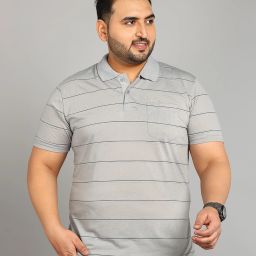 Plus Size Men Striped Polo Neck Cotton Blend Multicolor T-Shirt-image-2