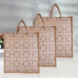 Jute White Flower Grocery Bag with Handle|Medium|Pack of 3|Brown Pack of 3 Grocery Bags-image-32