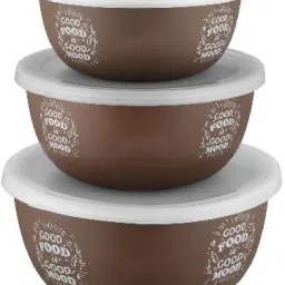 Stainless Steel, Plastic Storage Bowl Flora Stainless Steel Microwave Safe 3 Pcs. Bowl Set with Lid-Brown-16