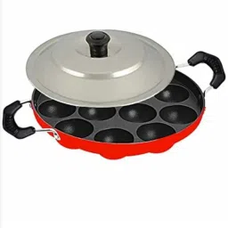 12 Cavities Non Stick Appam Patra with Lid,Red (Paniyarrakal/Paniyaram/Appam Maker) Paniarakkal with Lid 12 L capacity 23 cm diameter-18