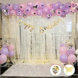 Birthday Decoration Kit with Net Curtain cloth, 3D Butterflies and Fairy Lights-20