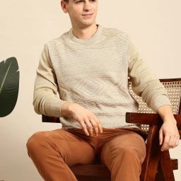 Men Self Design Round Neck Beige Sweater-image-51
